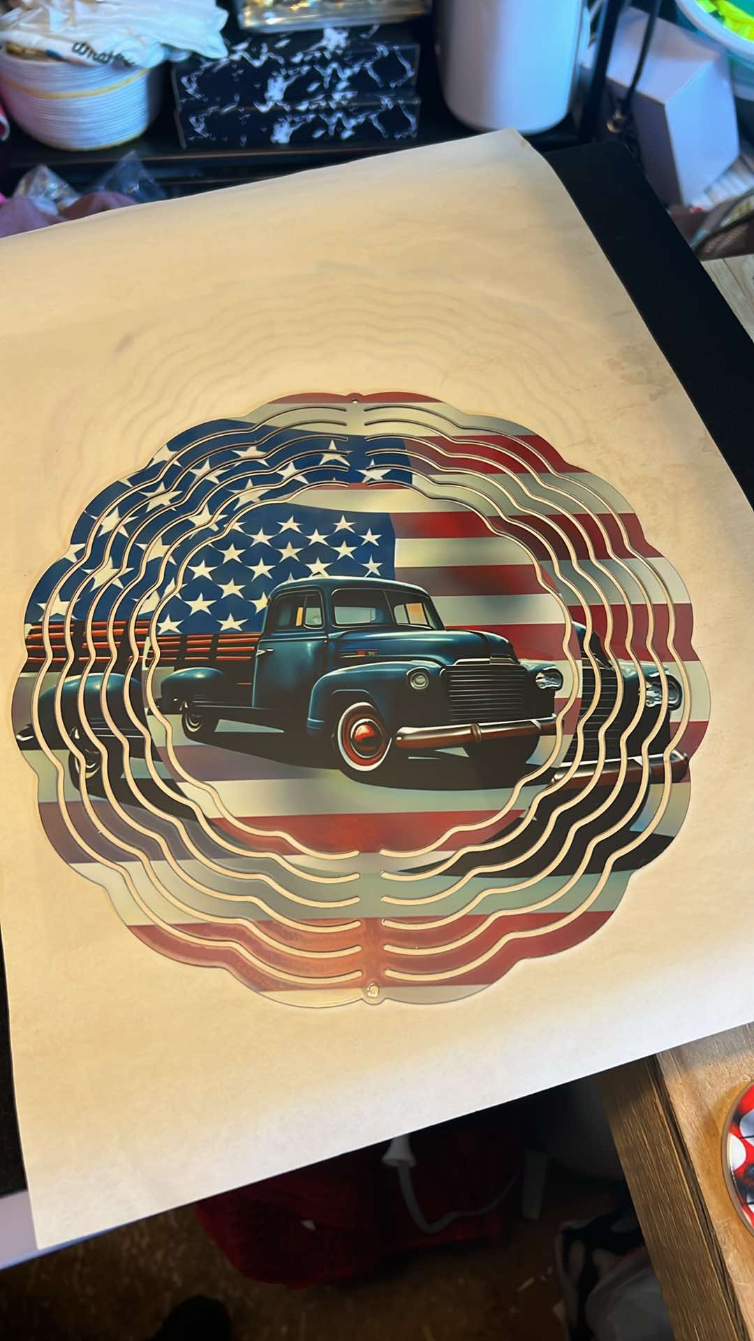 Vintage Truck and American Flag Wind Spinner