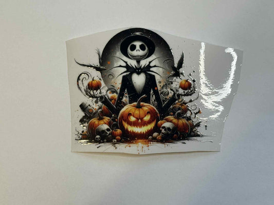 Halloween-themed design with pumpkins and a skull on a white background