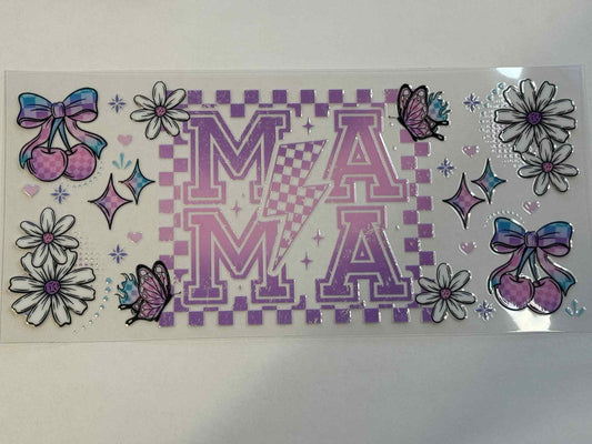 Decorative sticker sheet with letters 'MA', flowers, and bows on a checkered background.
