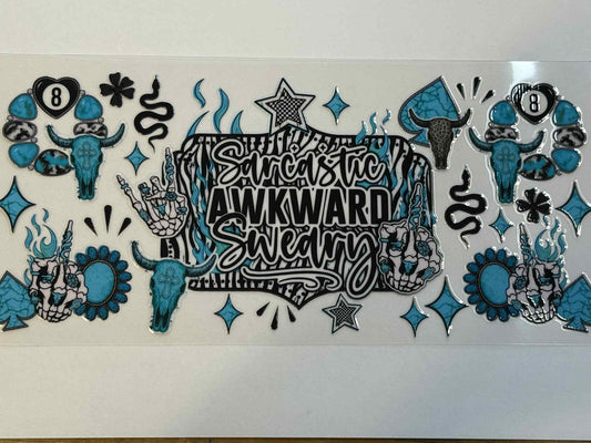 Decorative sheet with blue and black designs on a white background